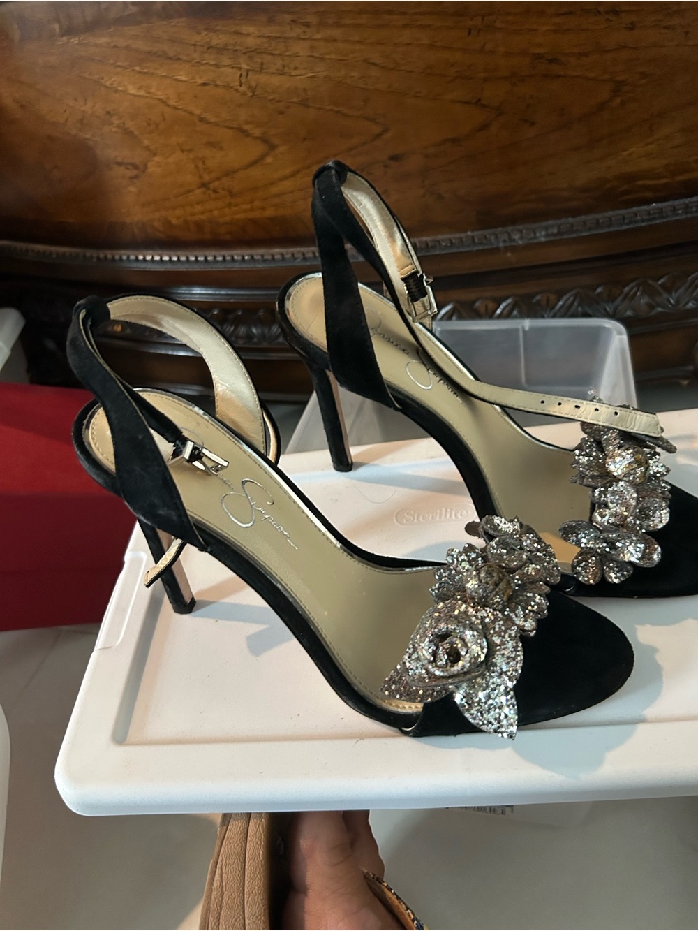 Jessica Simpson Black Suede Slingback Heels with Crystal Floral Appliqués